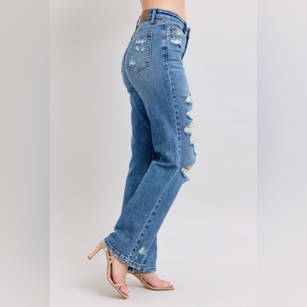Judy Blue High-Rise Distressed Straight Leg Torn Hole Slim Fit Jeans Denim Pants - Picture 14 of 15